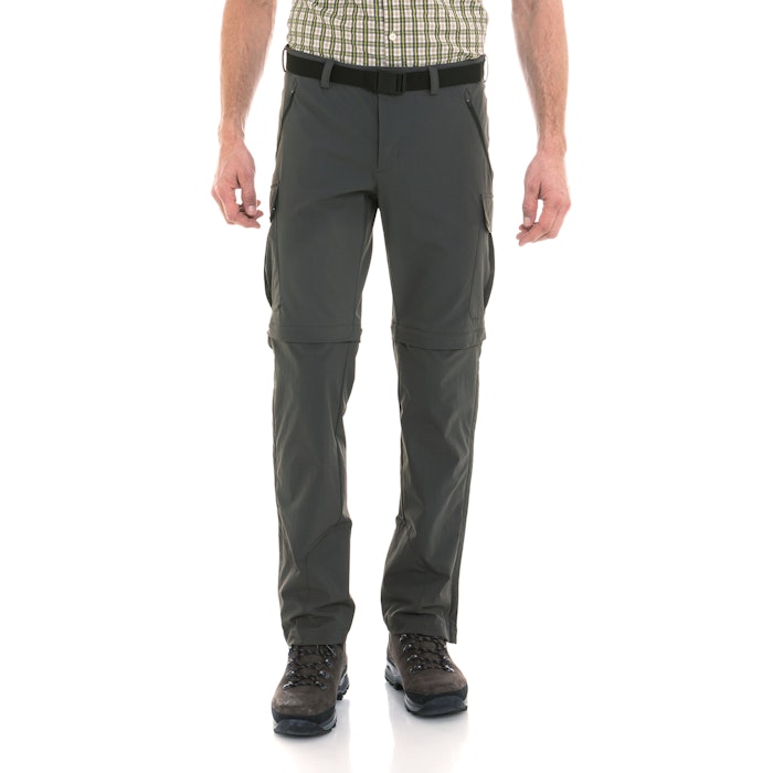 Beste Wanderhose, dunkelgraue Pants Kyoto3 getragen von einem Mann im Studio vor weißem Hintergrund, Schöffel.