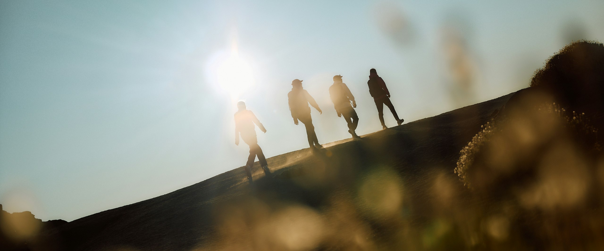 vier Wanderer - bergauf - entspannt - Mittagssonne 