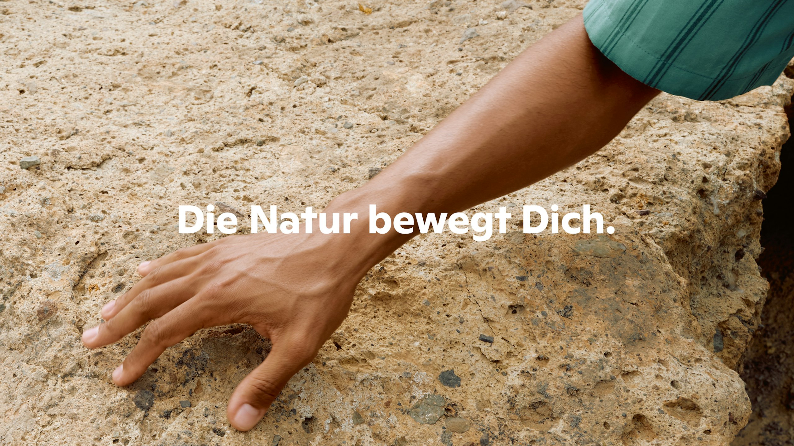 Hand auf Stein Spruch: "Die Natur bewegt Dich."